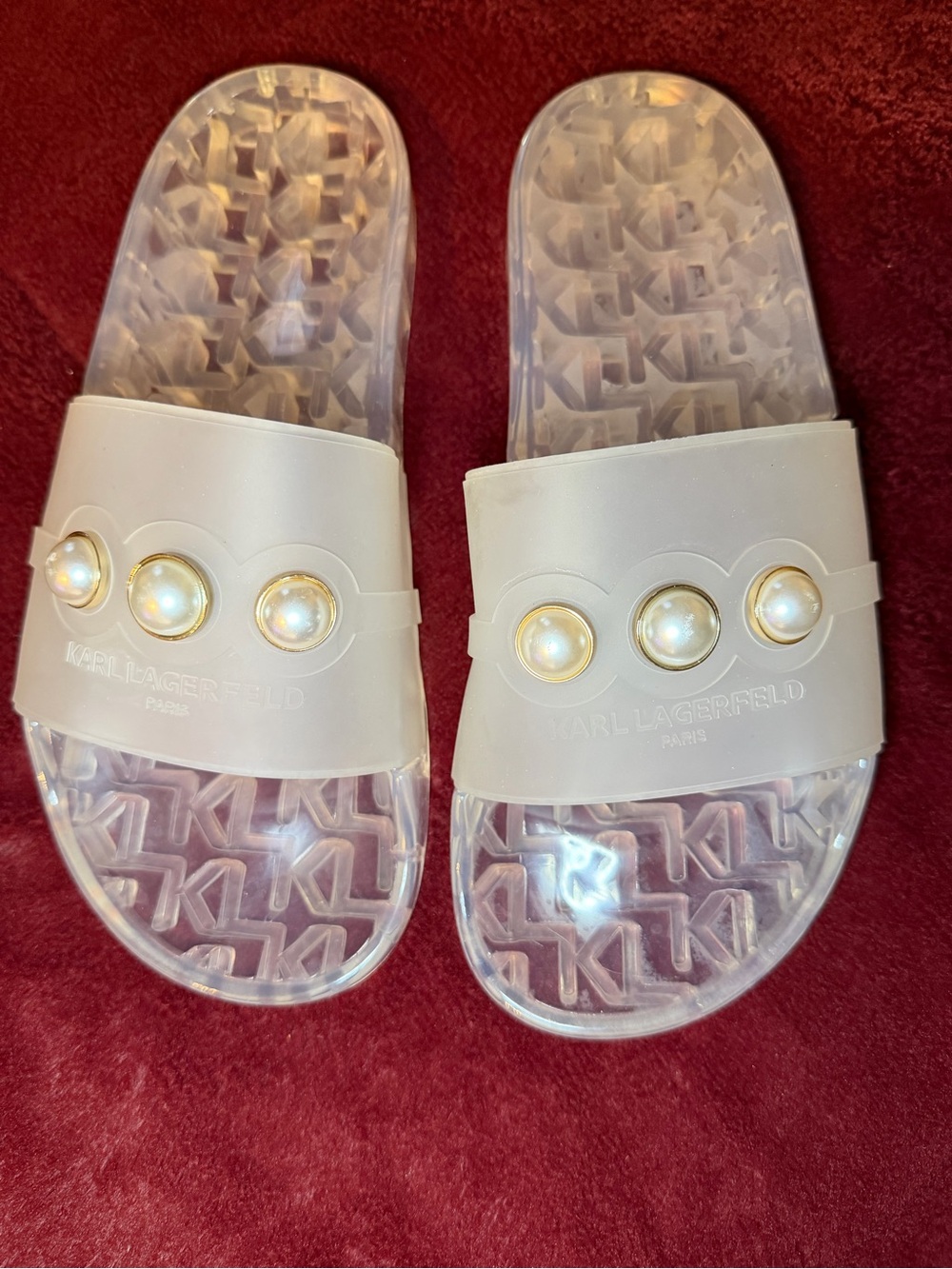Karl Lagerfeld White Jelly Slide Sandals with Pearl Buttons